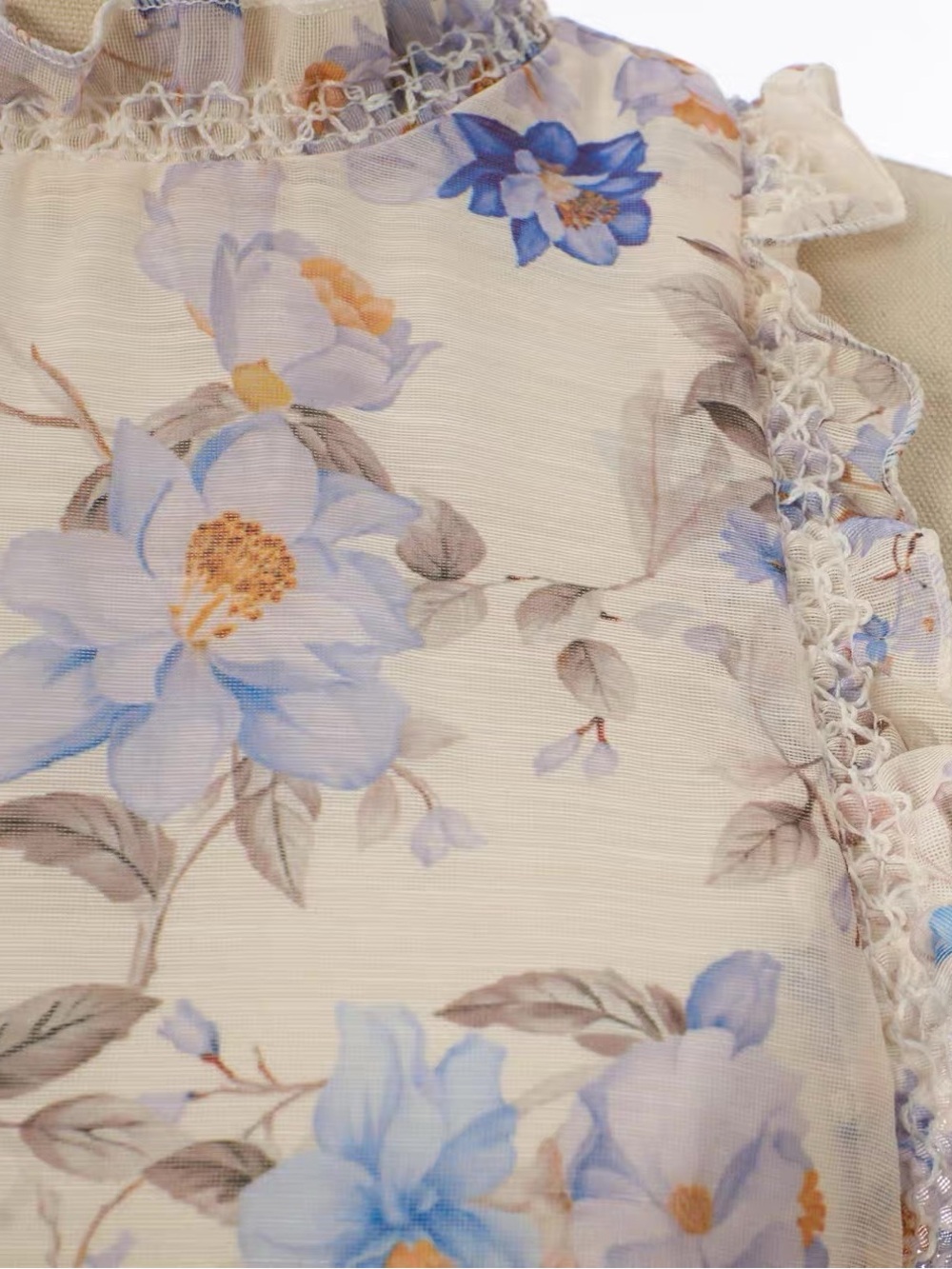 Designer-style Sleeveless Floral Ruffle Mini Dress in Ivory and Light Blue - Picture 6 of 12